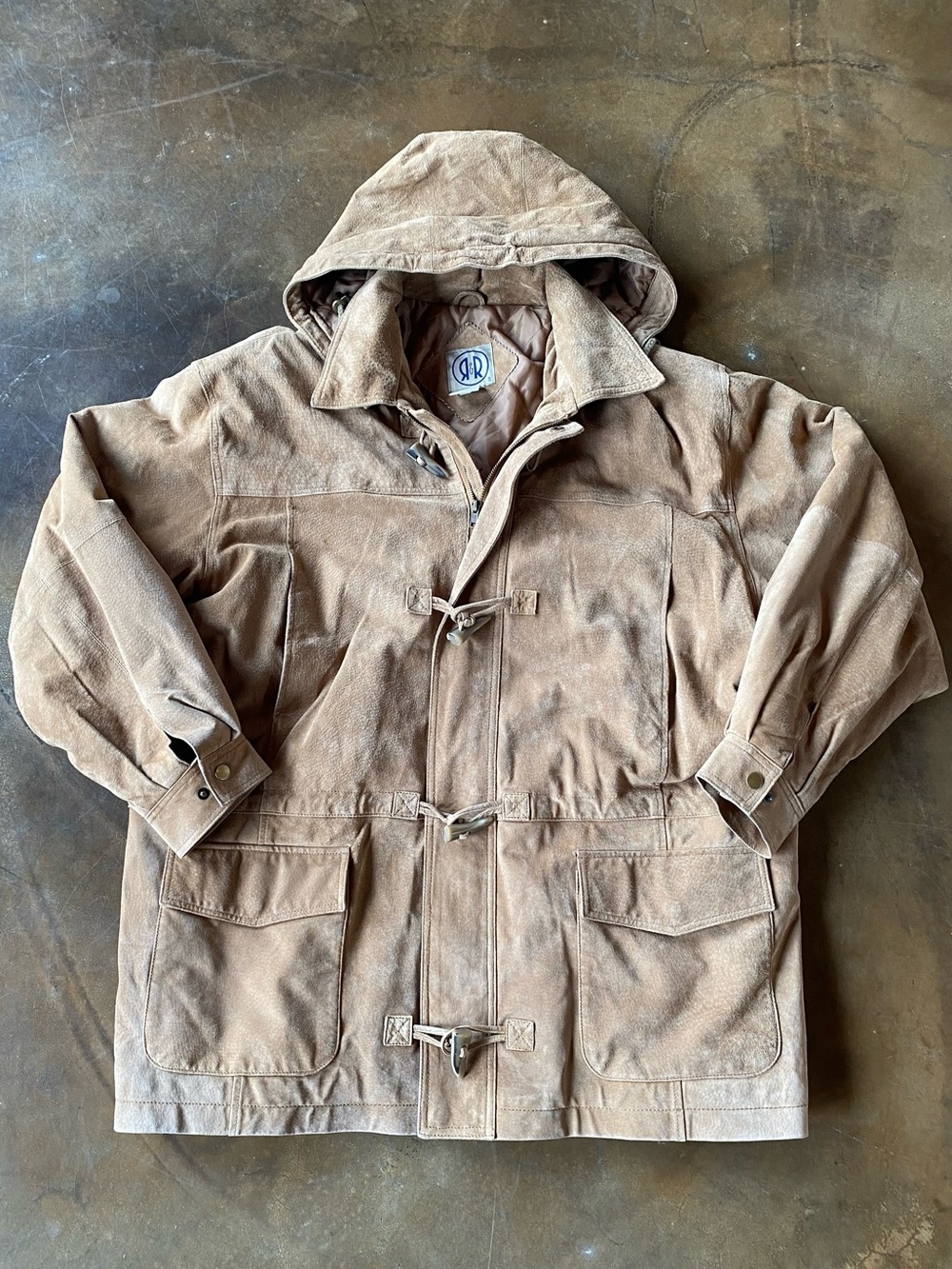 VTG 90s R&R Tan Beige Hooded Suede Leather Jacket